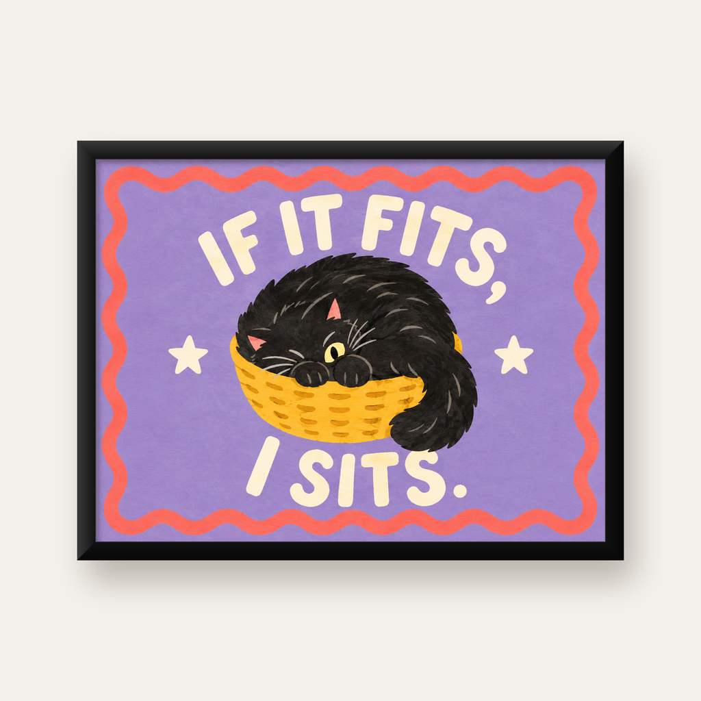 Sepette Siyah Kedi İllüstrasyon Poster – Dijital Sanat Baskısı — Yatay baskı, düz siyah çerçeveli duvar posteri