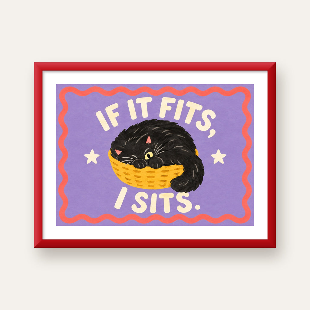 Sepette Siyah Kedi İllüstrasyon Poster – Dijital Sanat Baskısı — kırmızı çerçeveli paspartulu