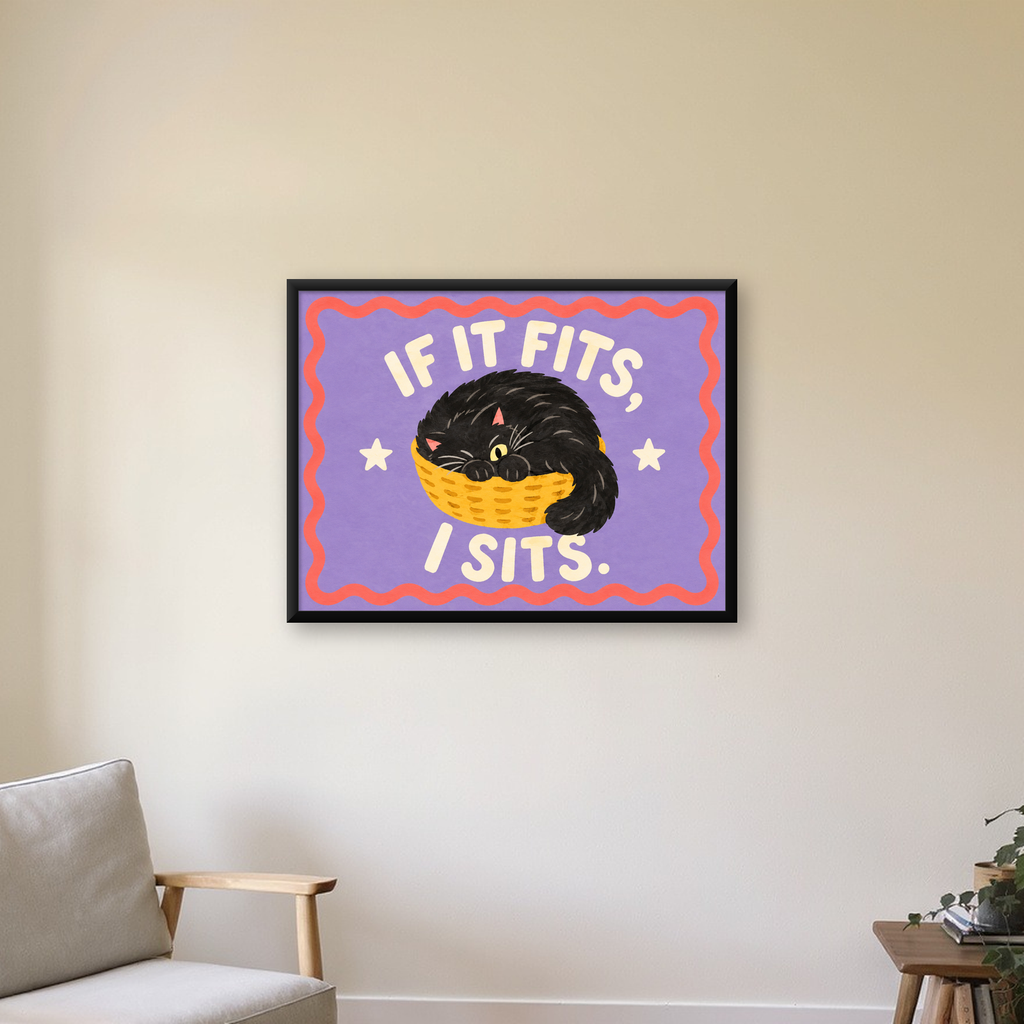 Sepette Siyah Kedi İllüstrasyon Poster – Dijital Sanat Baskısı — Yatay baskı, çerçeveli hâliyle bir ev duvarında