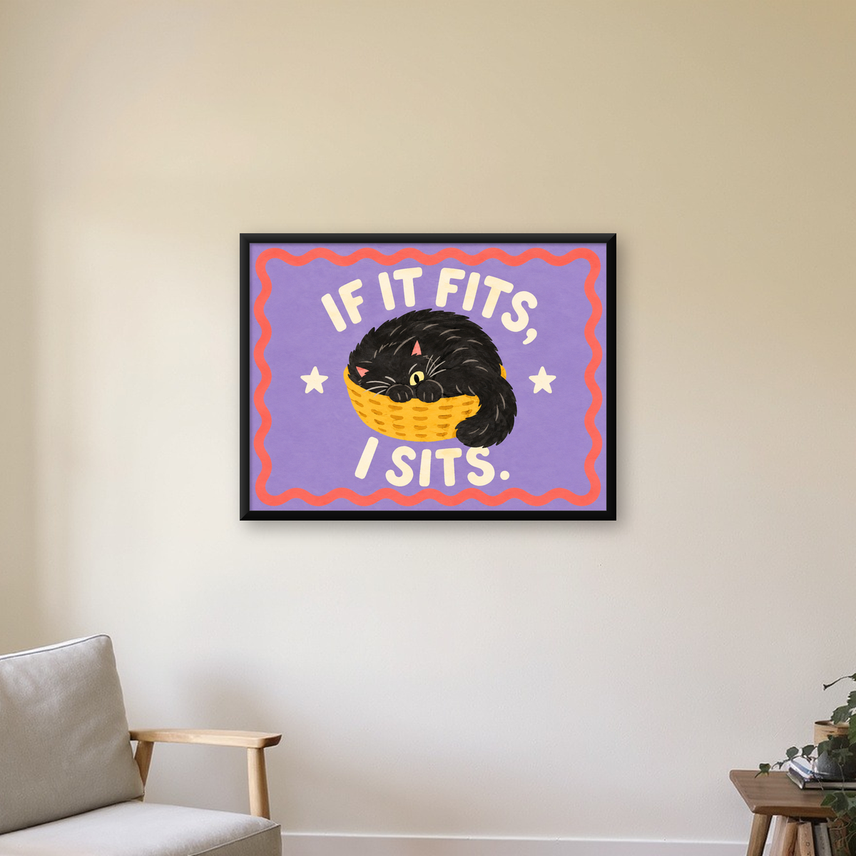 Sepette Siyah Kedi İllüstrasyon Poster – Dijital Sanat Baskısı — Yatay baskı, çerçeveli hâliyle bir ev duvarında