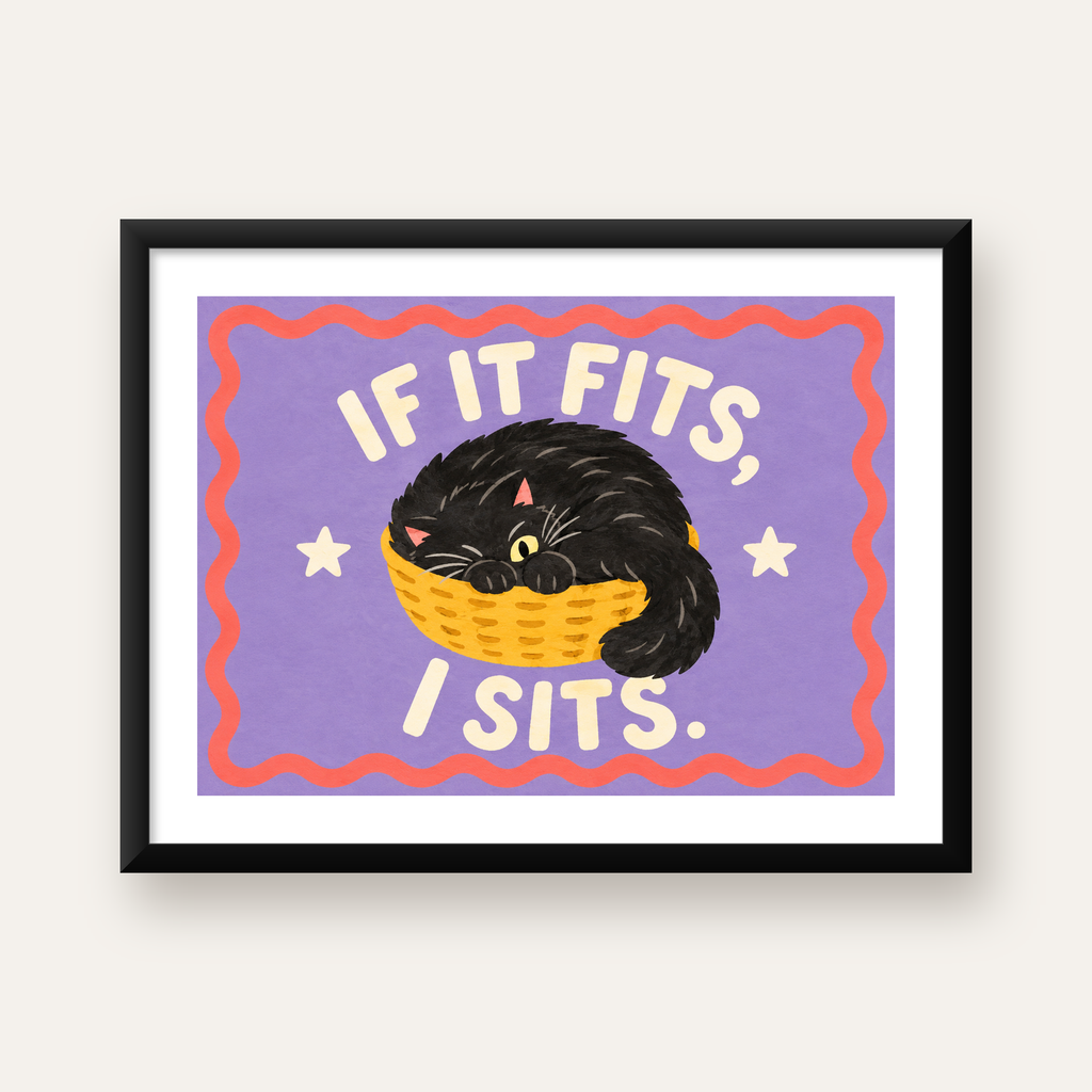 Sepette Siyah Kedi İllüstrasyon Poster – Dijital Sanat Baskısı — Yatay baskı, beyaz paspartulu