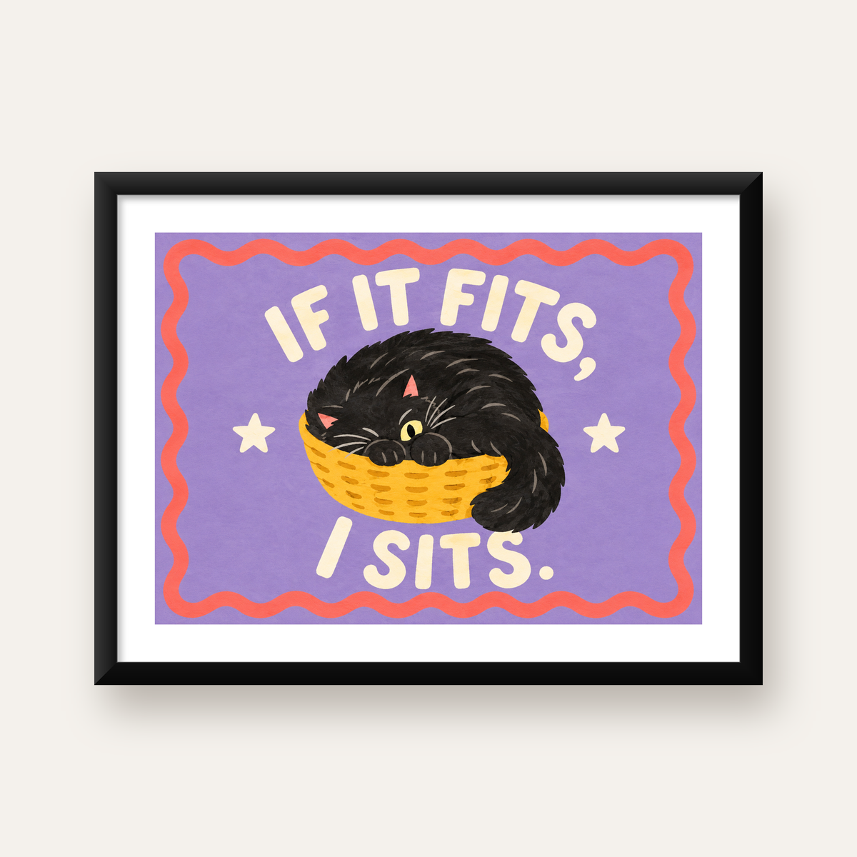 Sepette Siyah Kedi İllüstrasyon Poster – Dijital Sanat Baskısı — Yatay baskı, beyaz paspartulu