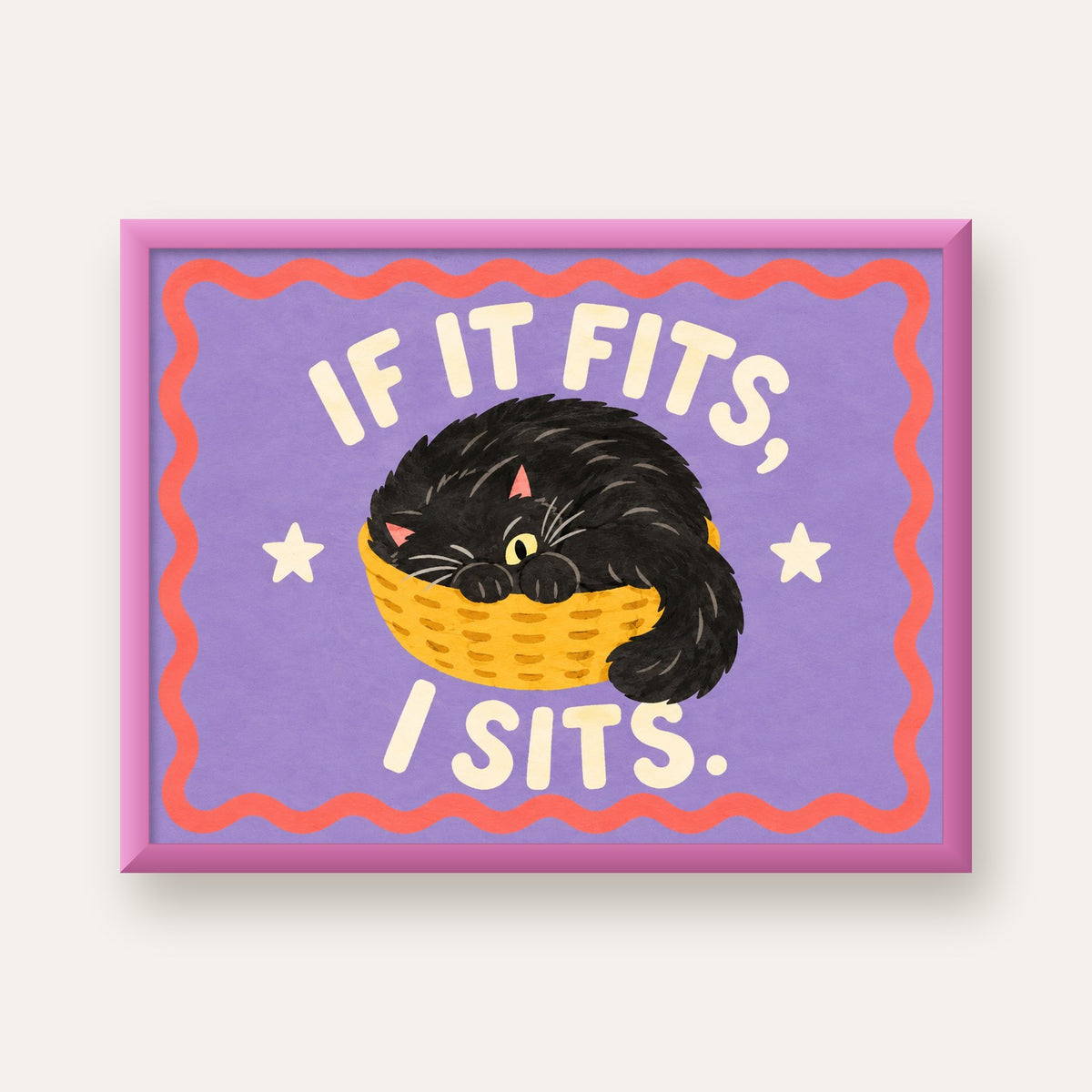 Sepette Siyah Kedi İllüstrasyon Poster – Dijital Sanat Baskısı — pembe çerçeveli