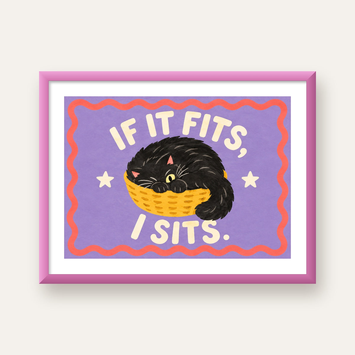 Sepette Siyah Kedi İllüstrasyon Poster – Dijital Sanat Baskısı — pembe çerçeveli paspartulu