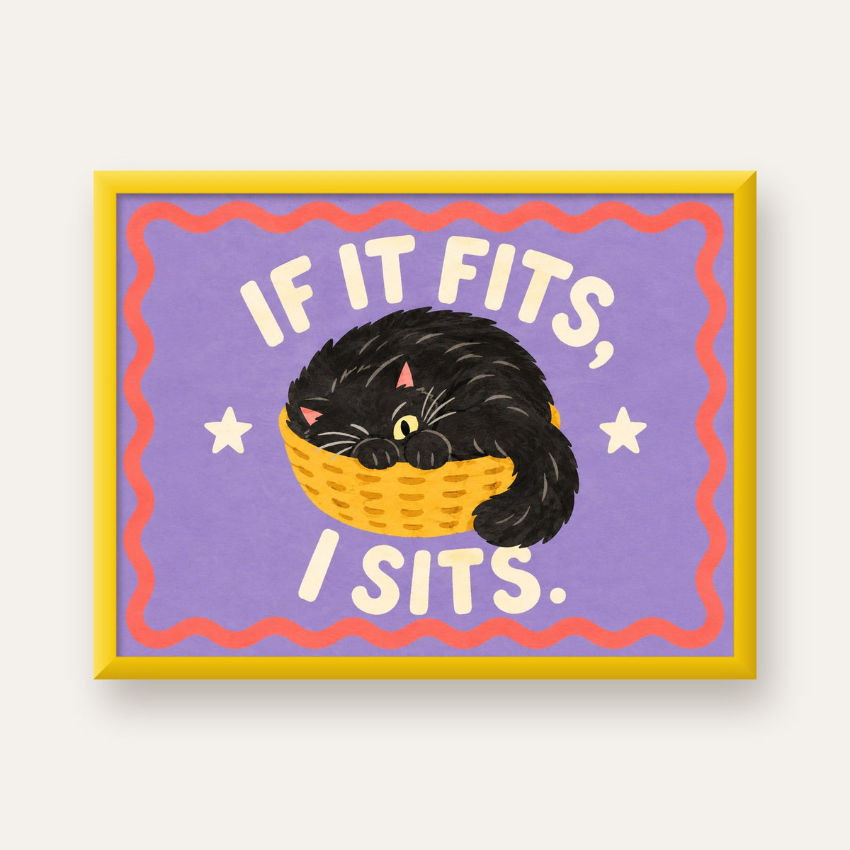 Sepette Siyah Kedi İllüstrasyon Poster – Dijital Sanat Baskısı — sarı çerçeveli