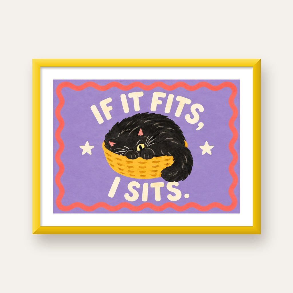 Sepette Siyah Kedi İllüstrasyon Poster – Dijital Sanat Baskısı — sarı çerçeveli paspartulu