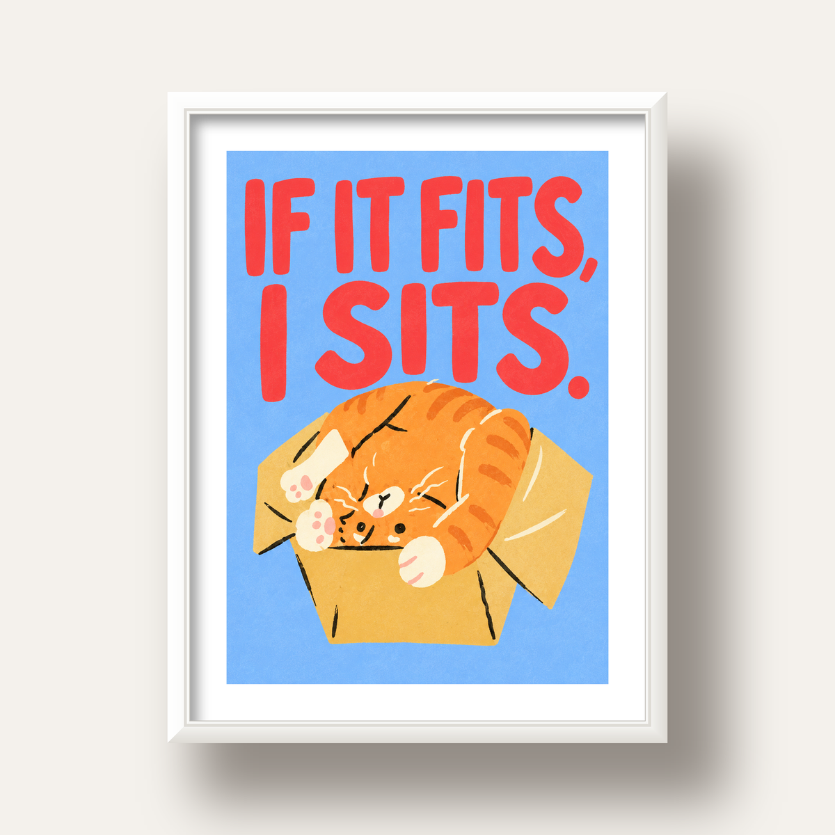 Kutuya Sıkışmış Kedi Poster – Sevimli Dijital İllüstrasyon — beyaz derin çerçeveli paspartulu