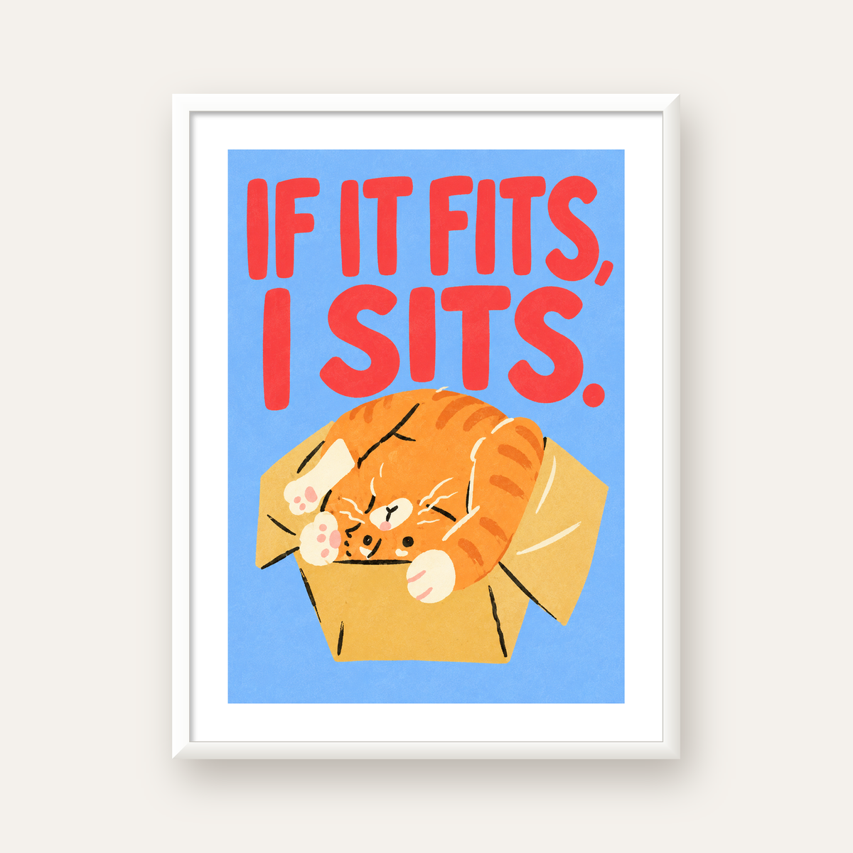 Kutuya Sıkışmış Kedi Poster – Sevimli Dijital İllüstrasyon — beyaz çerçeveli dikey poster