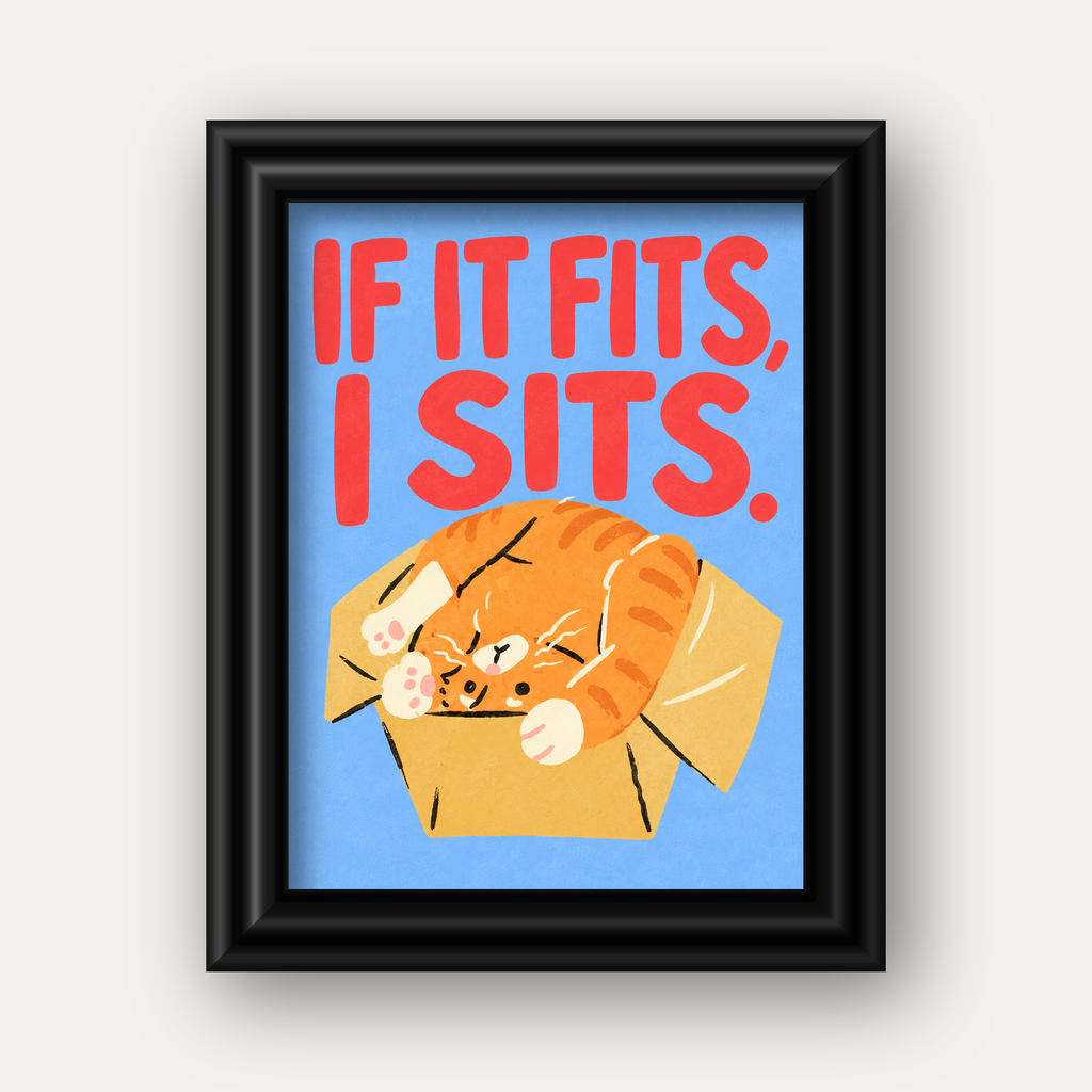 Kutuya Sıkışmış Kedi Poster – Sevimli Dijital İllüstrasyon — siyah galeri çerçeveli