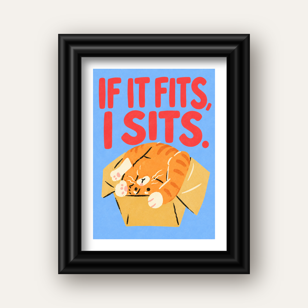 Kutuya Sıkışmış Kedi Poster – Sevimli Dijital İllüstrasyon — siyah galeri çerçeveli paspartulu