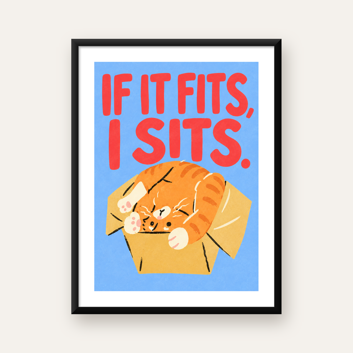Kutuya Sıkışmış Kedi Poster – Sevimli Dijital İllüstrasyon — Dikey baskı, beyaz paspartulu
