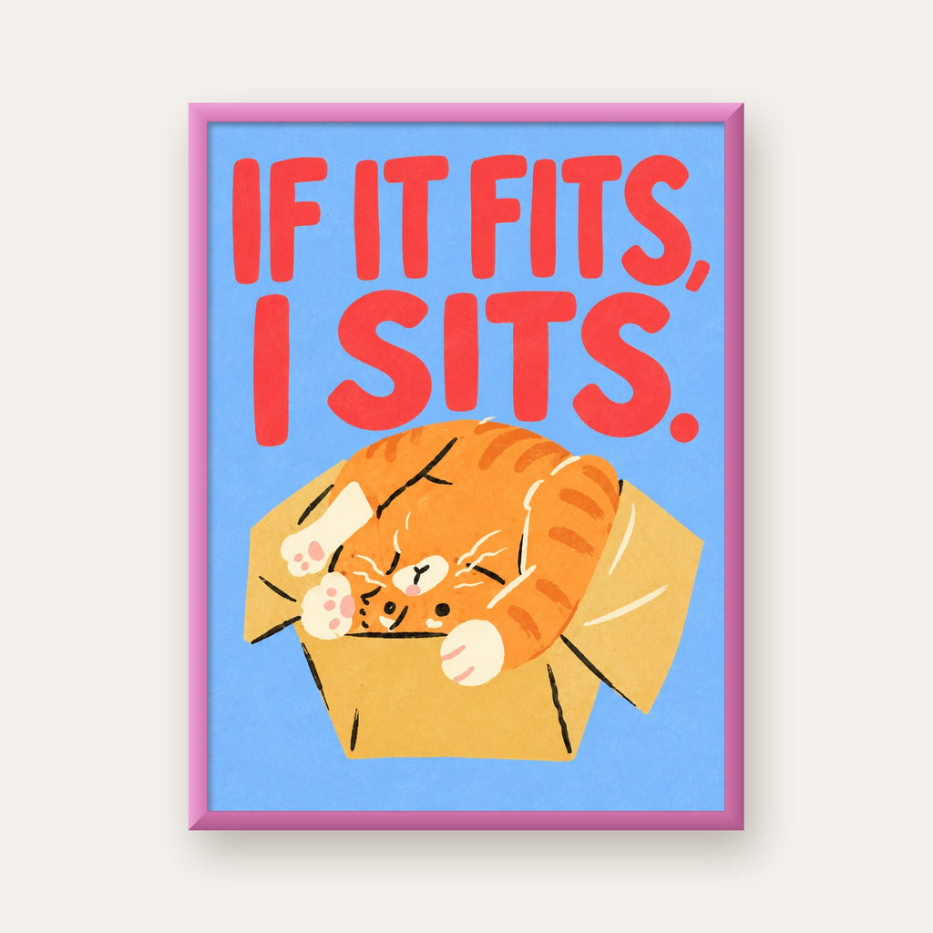 Kutuya Sıkışmış Kedi Poster – Sevimli Dijital İllüstrasyon — pembe çerçeveli
