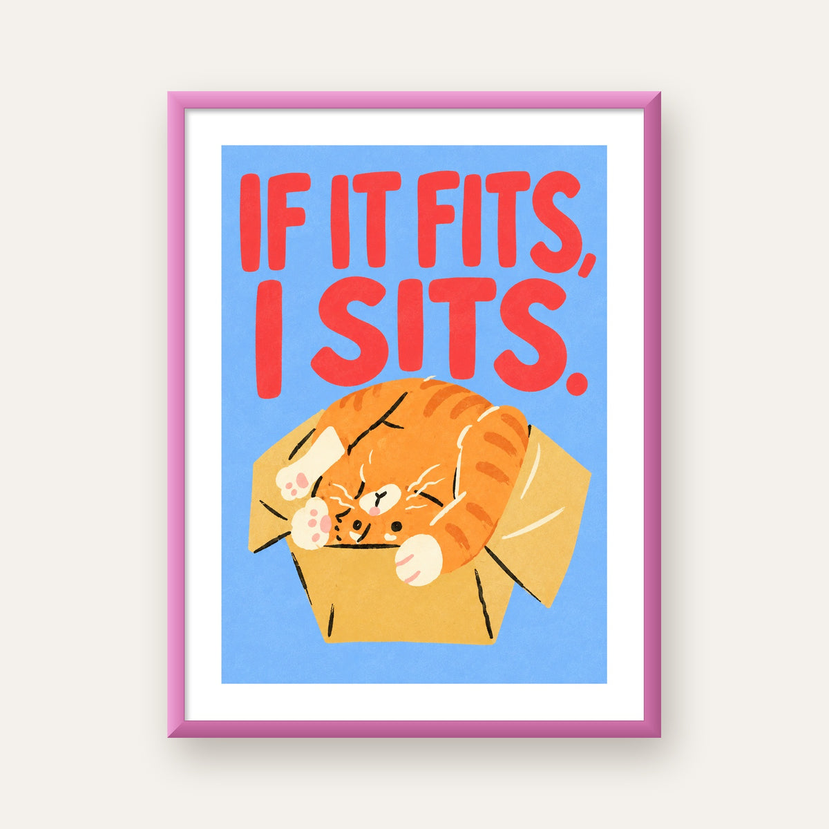 Kutuya Sıkışmış Kedi Poster – Sevimli Dijital İllüstrasyon — pembe çerçeveli paspartulu