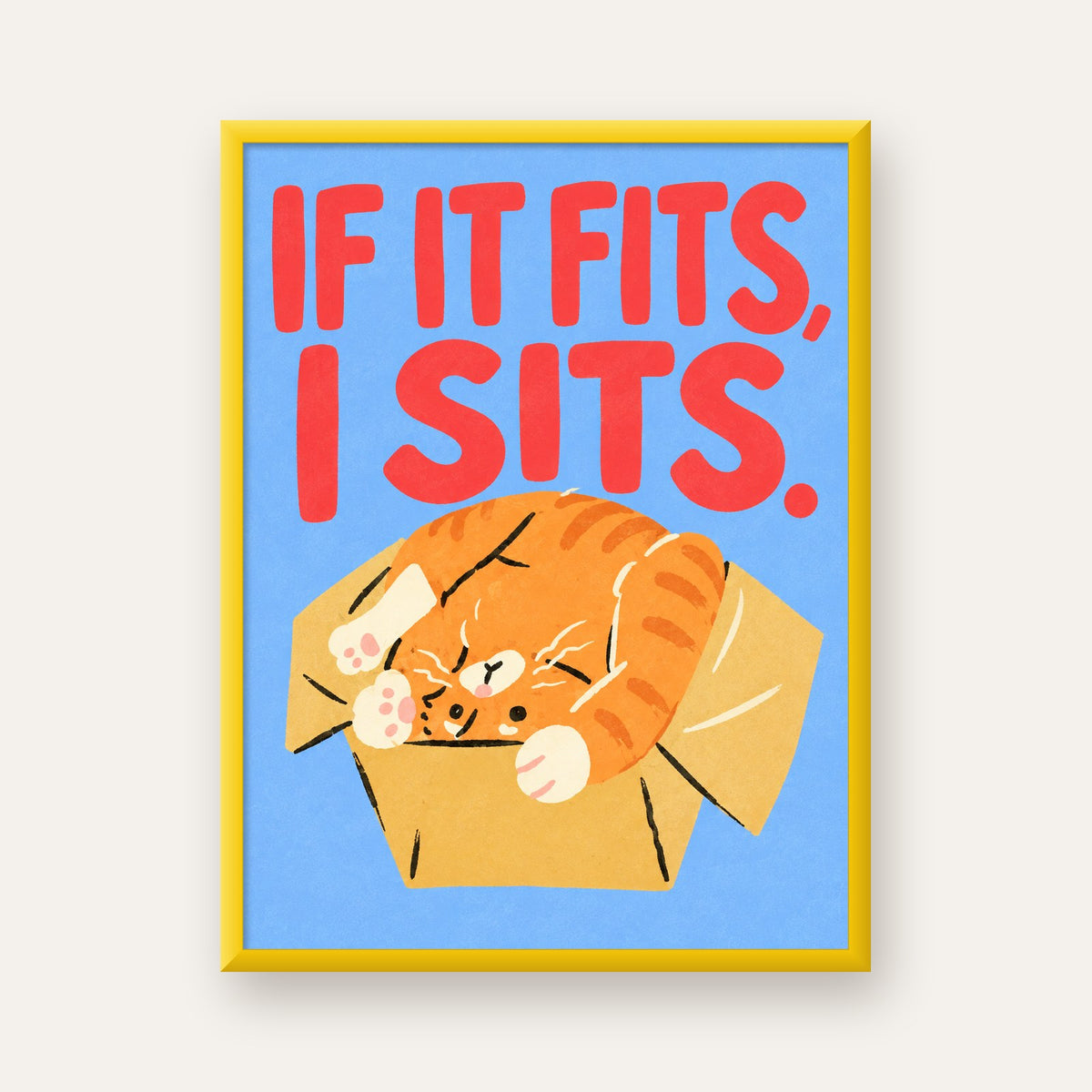 Kutuya Sıkışmış Kedi Poster – Sevimli Dijital İllüstrasyon — sarı çerçeveli