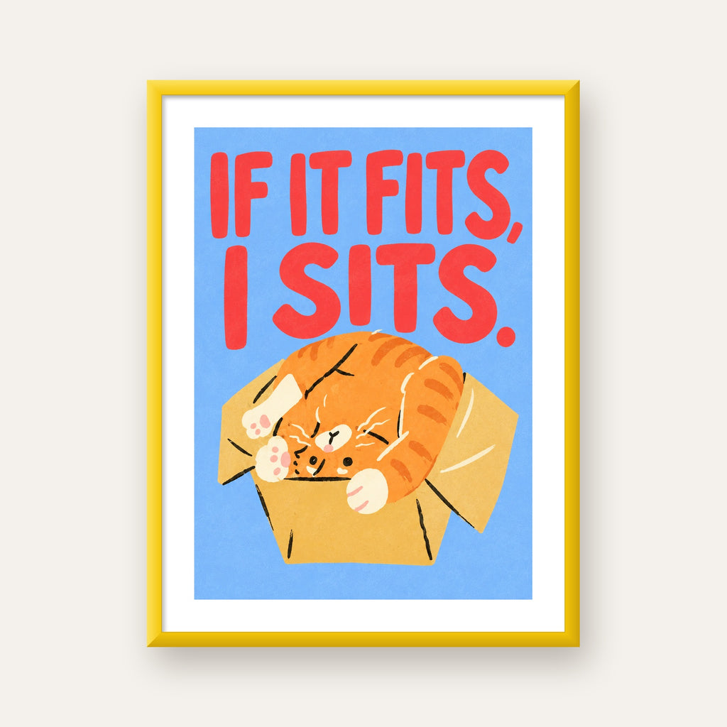 Kutuya Sıkışmış Kedi Poster – Sevimli Dijital İllüstrasyon — sarı çerçeveli paspartulu