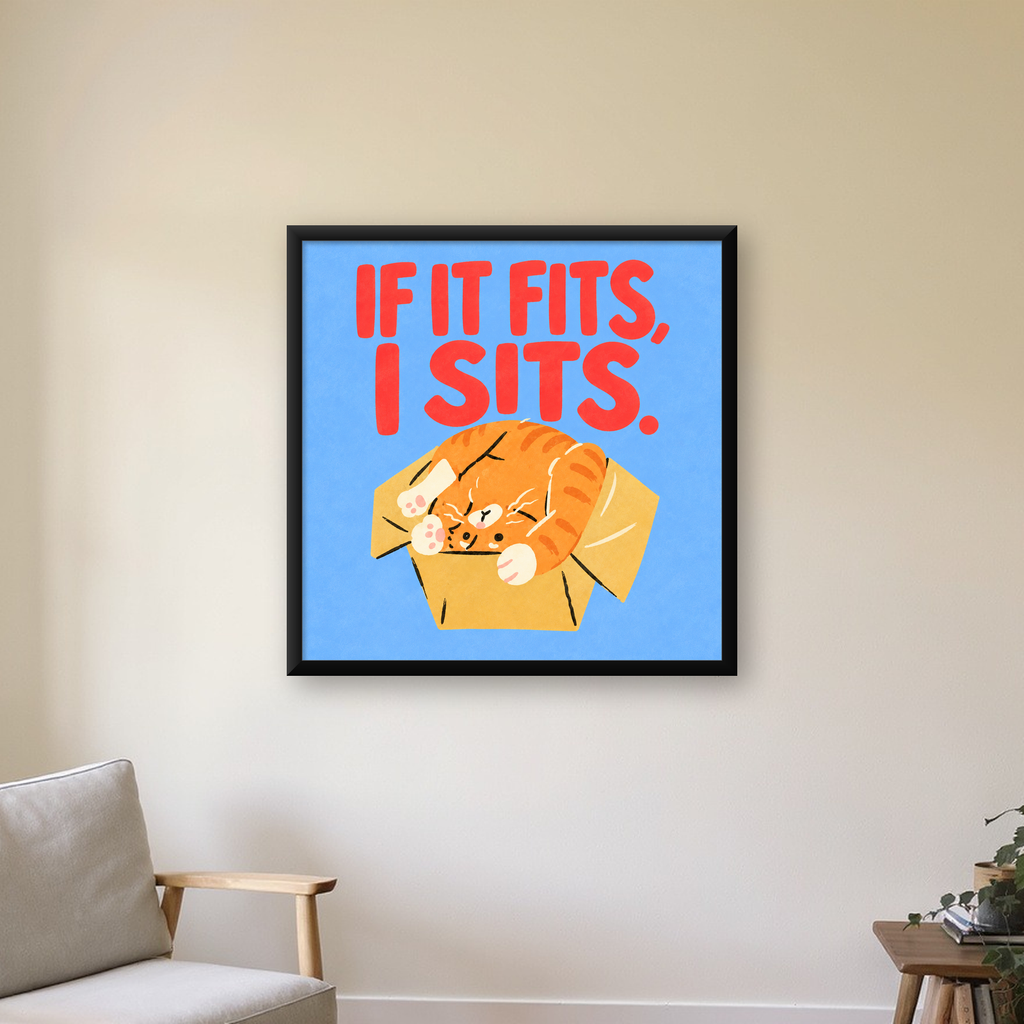 Kutuya Sıkışmış Kedi Poster – Sevimli Dijital İllüstrasyon — Kare baskı, çerçeveli hâliyle bir ev duvarında