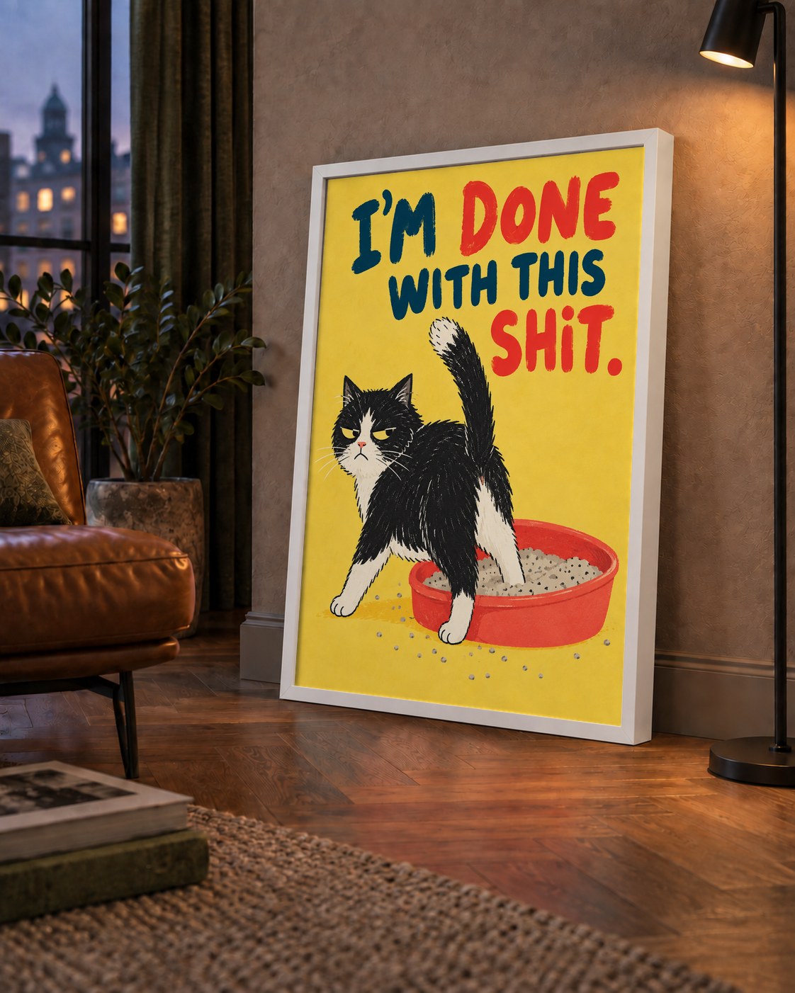 I'm Done With This Shit – Siyah Beyaz Kedi — çerçeveli hâliyle bir ev duvarında