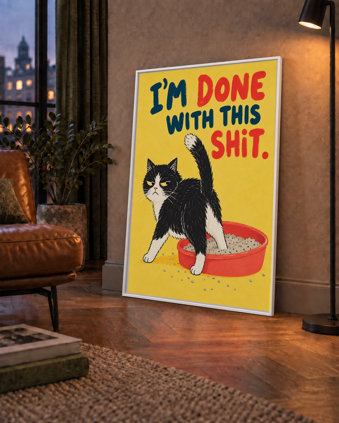 I'm Done With This Shit – Siyah Beyaz Kedi — çerçeveli hâliyle bir ev duvarında