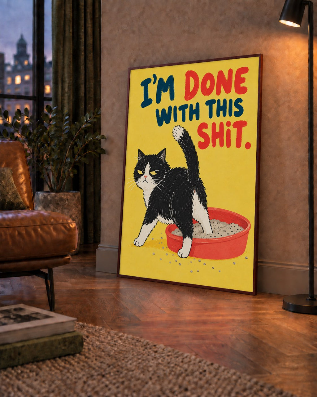 I'm Done With This Shit – Siyah Beyaz Kedi — çerçeveli hâliyle bir ev duvarında