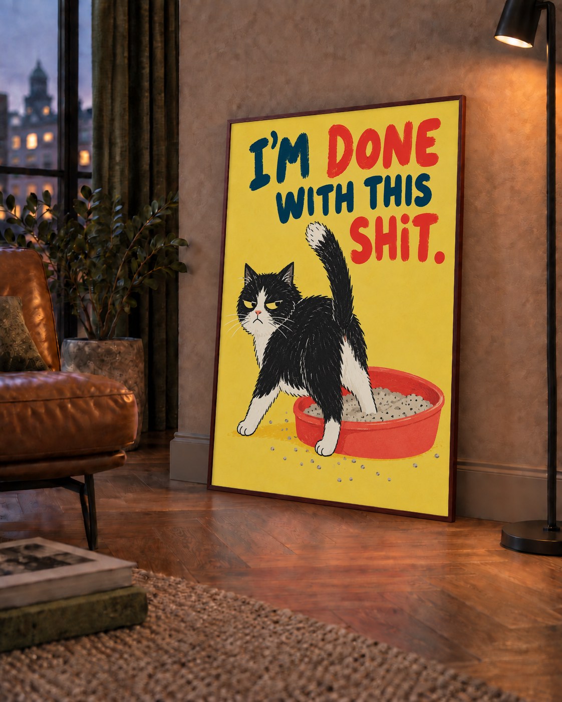 I'm Done With This Shit – Siyah Beyaz Kedi — çerçeveli hâliyle bir ev duvarında