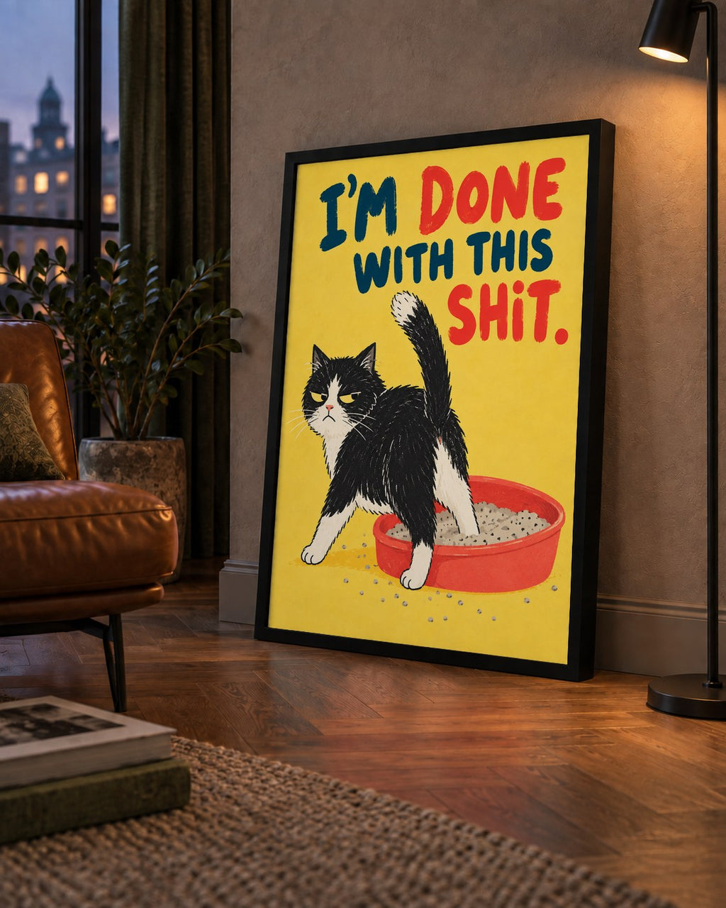I'm Done With This Shit – Siyah Beyaz Kedi — çerçeveli hâliyle bir ev duvarında