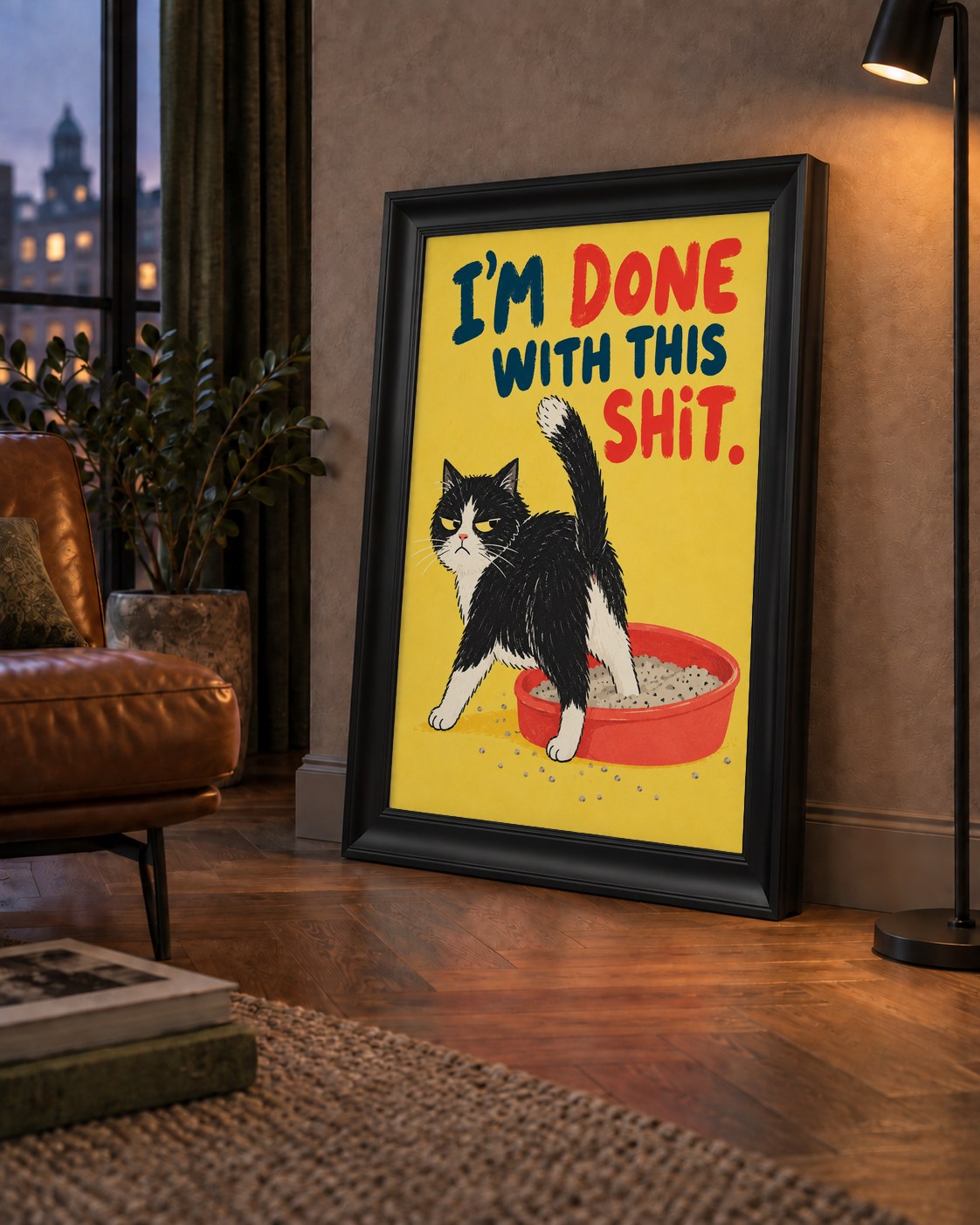 I'm Done With This Shit – Siyah Beyaz Kedi — çerçeveli hâliyle bir ev duvarında