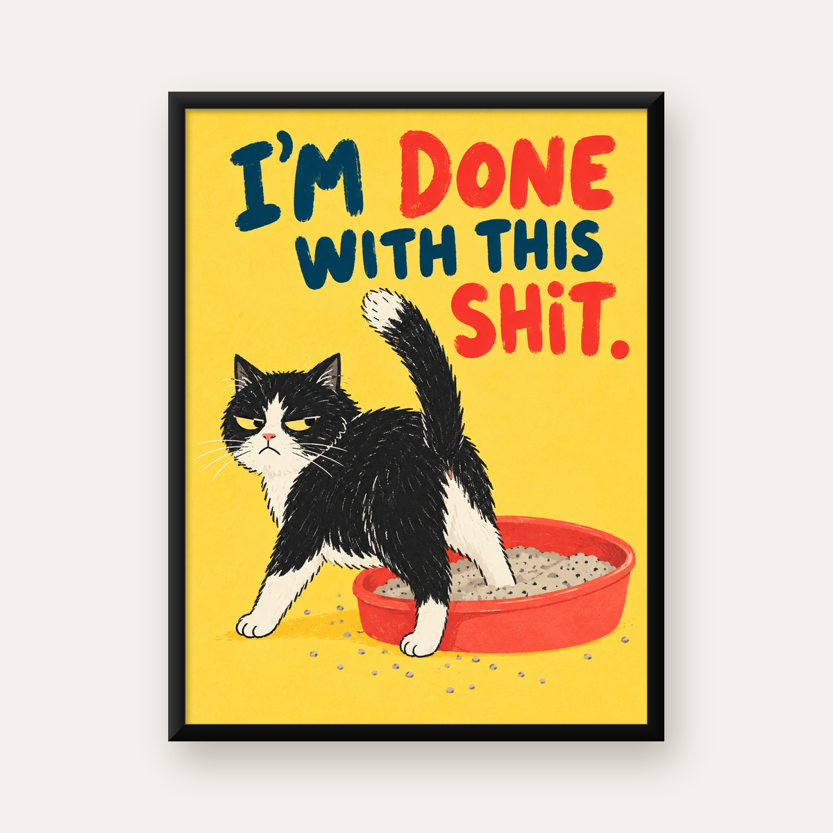 Komik Kedi Mizahi Poster – Eğlenceli Modern Duvar Dekoru — Dikey baskı, düz siyah çerçeveli duvar posteri
