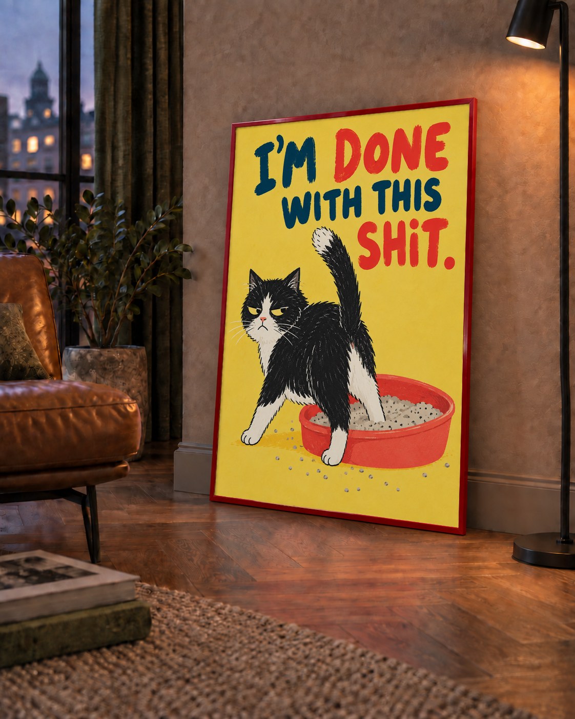 I'm Done With This Shit – Siyah Beyaz Kedi — çerçeveli hâliyle bir ev duvarında