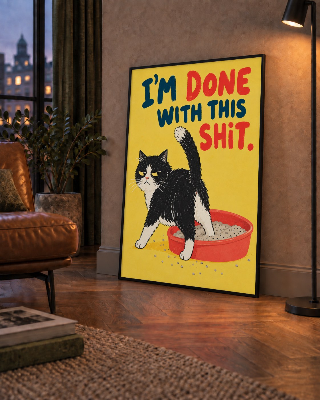 I'm Done With This Shit – Siyah Beyaz Kedi — çerçeveli hâliyle bir ev duvarında