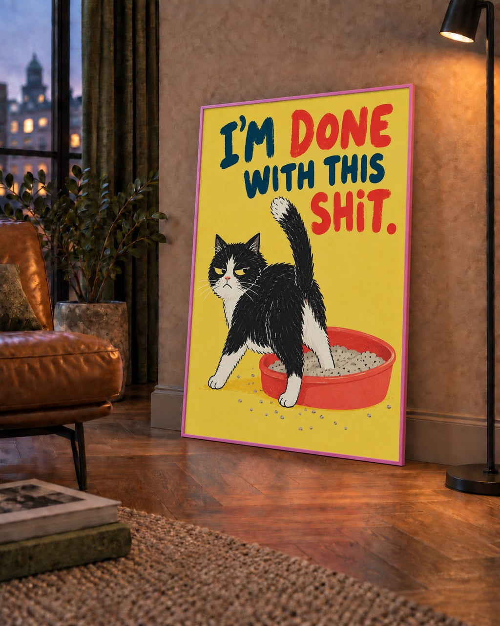 I'm Done With This Shit – Siyah Beyaz Kedi — çerçeveli hâliyle bir ev duvarında