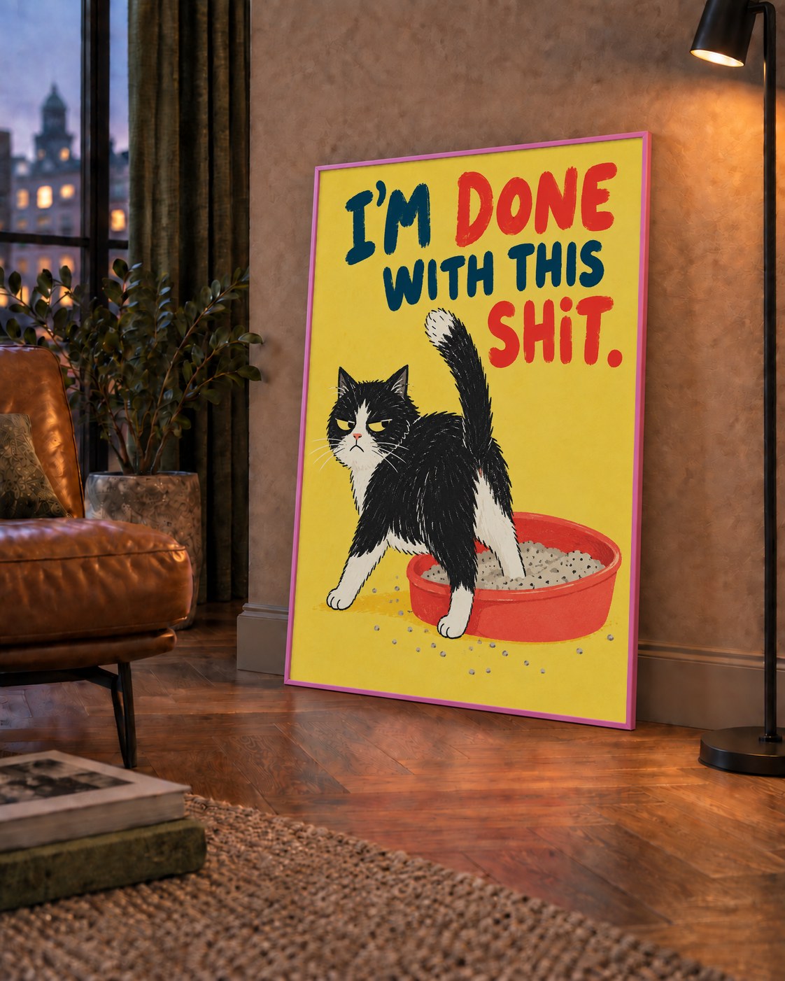 I'm Done With This Shit – Siyah Beyaz Kedi — çerçeveli hâliyle bir ev duvarında