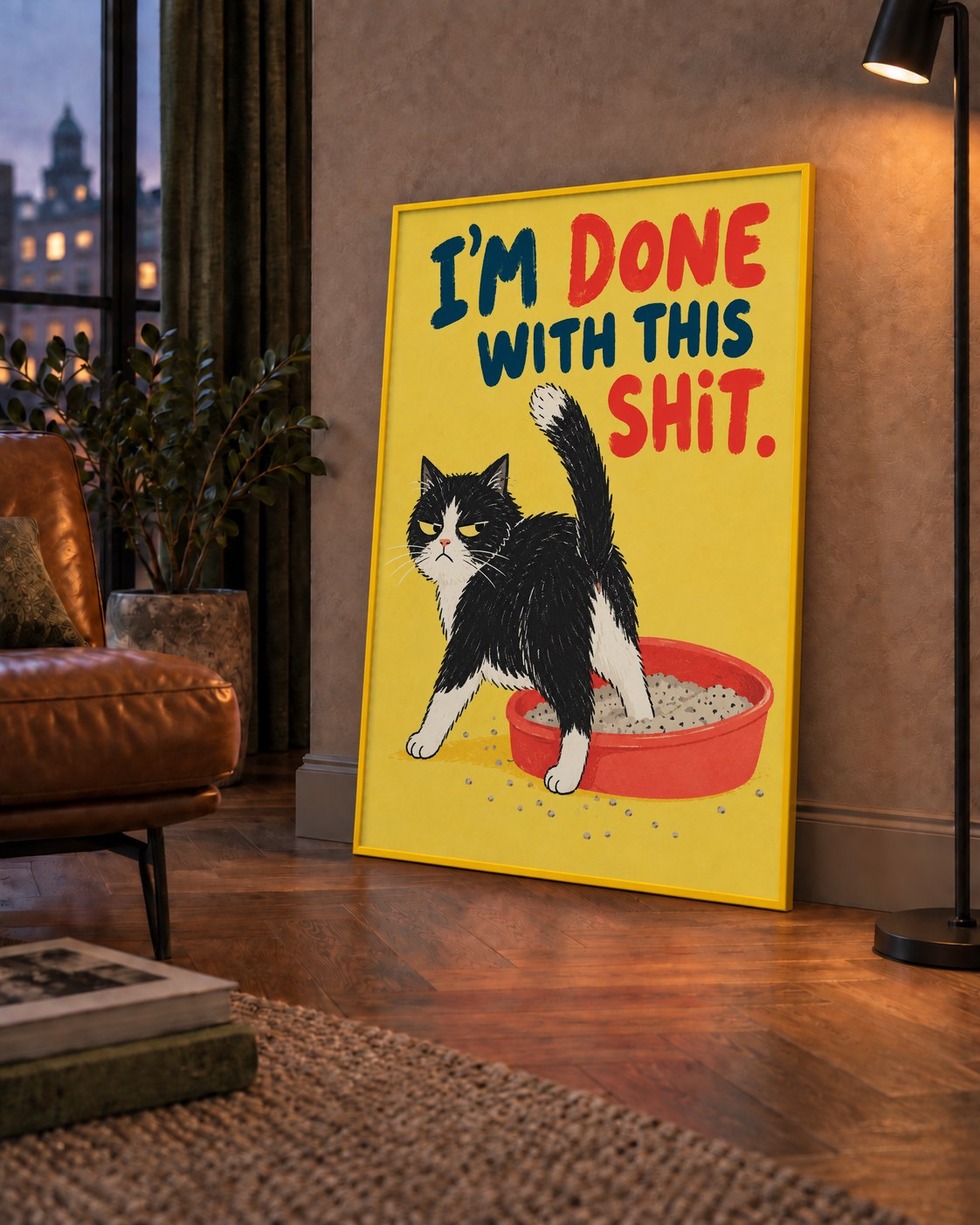 I'm Done With This Shit – Siyah Beyaz Kedi — çerçeveli hâliyle bir ev duvarında