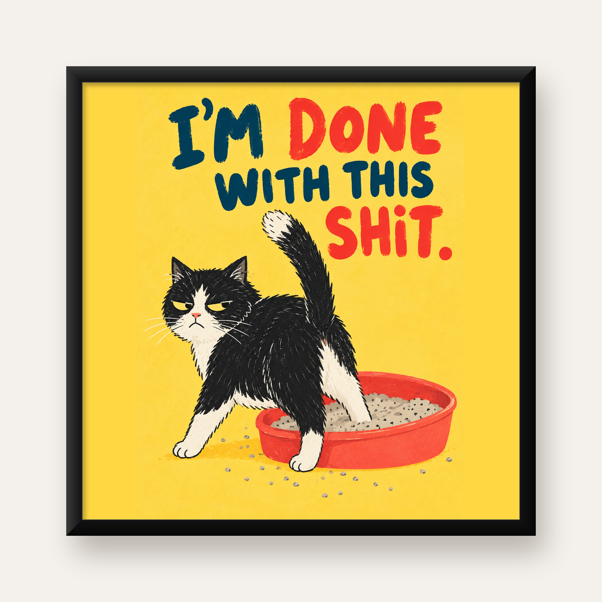 Komik Kedi Mizahi Poster – Eğlenceli Modern Duvar Dekoru — Kare baskı, düz siyah çerçeveli duvar posteri