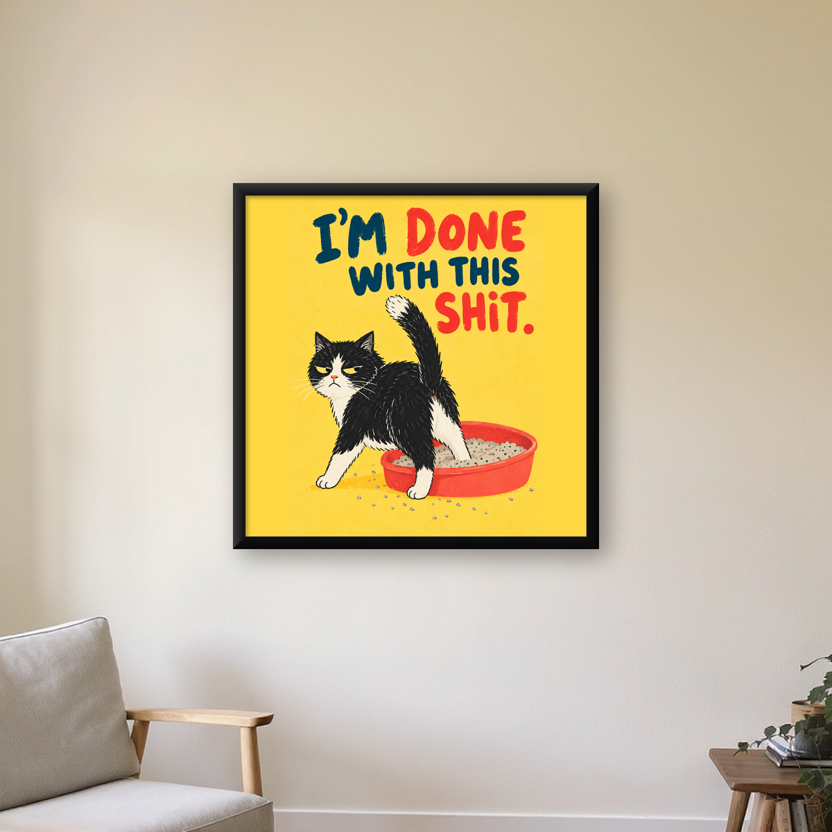 Komik Kedi Mizahi Poster – Eğlenceli Modern Duvar Dekoru — Kare baskı, çerçeveli hâliyle bir ev duvarında