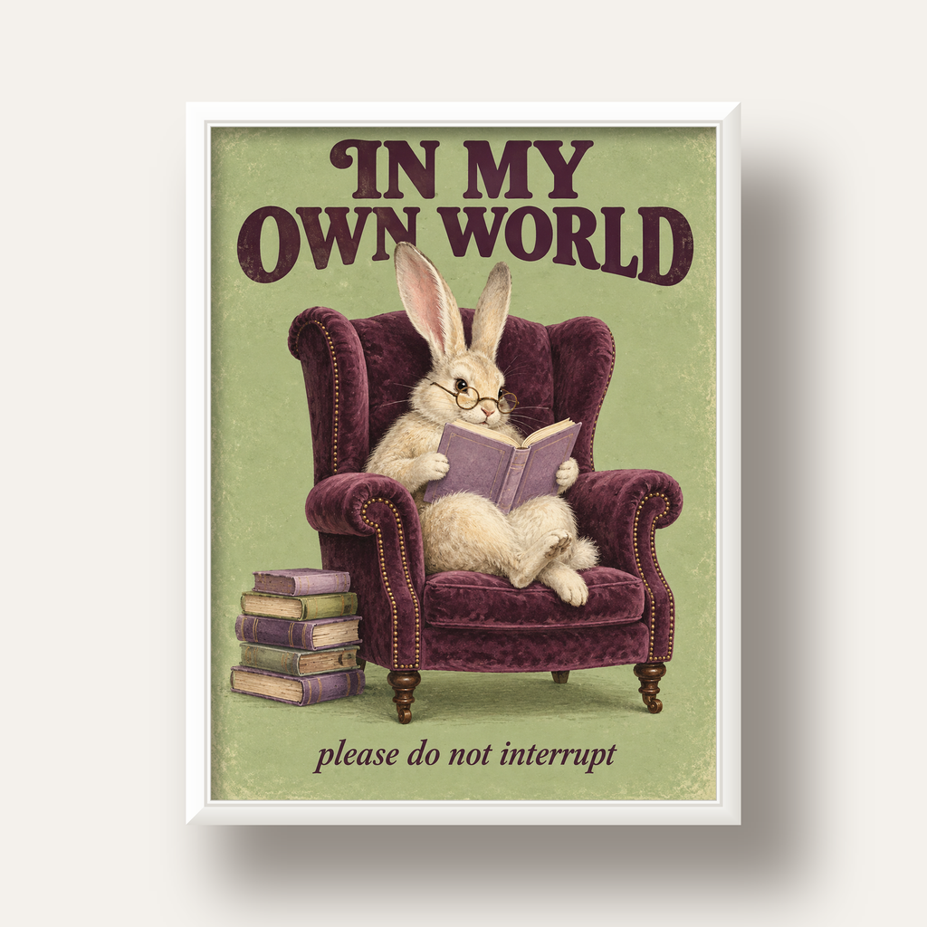 Kitap Okuyan Tavşan Poster – Nostaljik İllüstrasyon Duvar Sanatı — beyaz derin çerçeveli