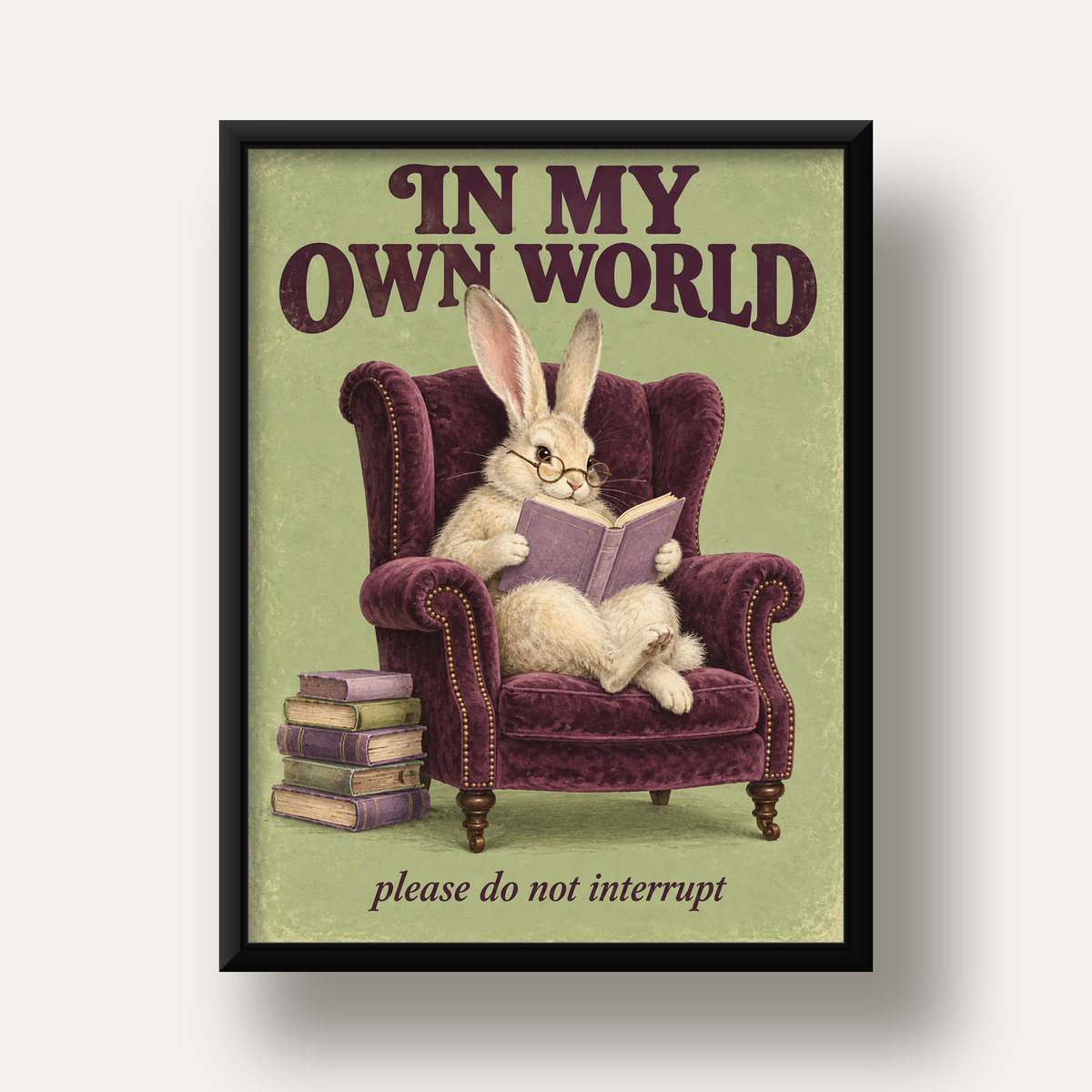 Kitap Okuyan Tavşan Poster – Nostaljik İllüstrasyon Duvar Sanatı — siyah derin çerçeveli