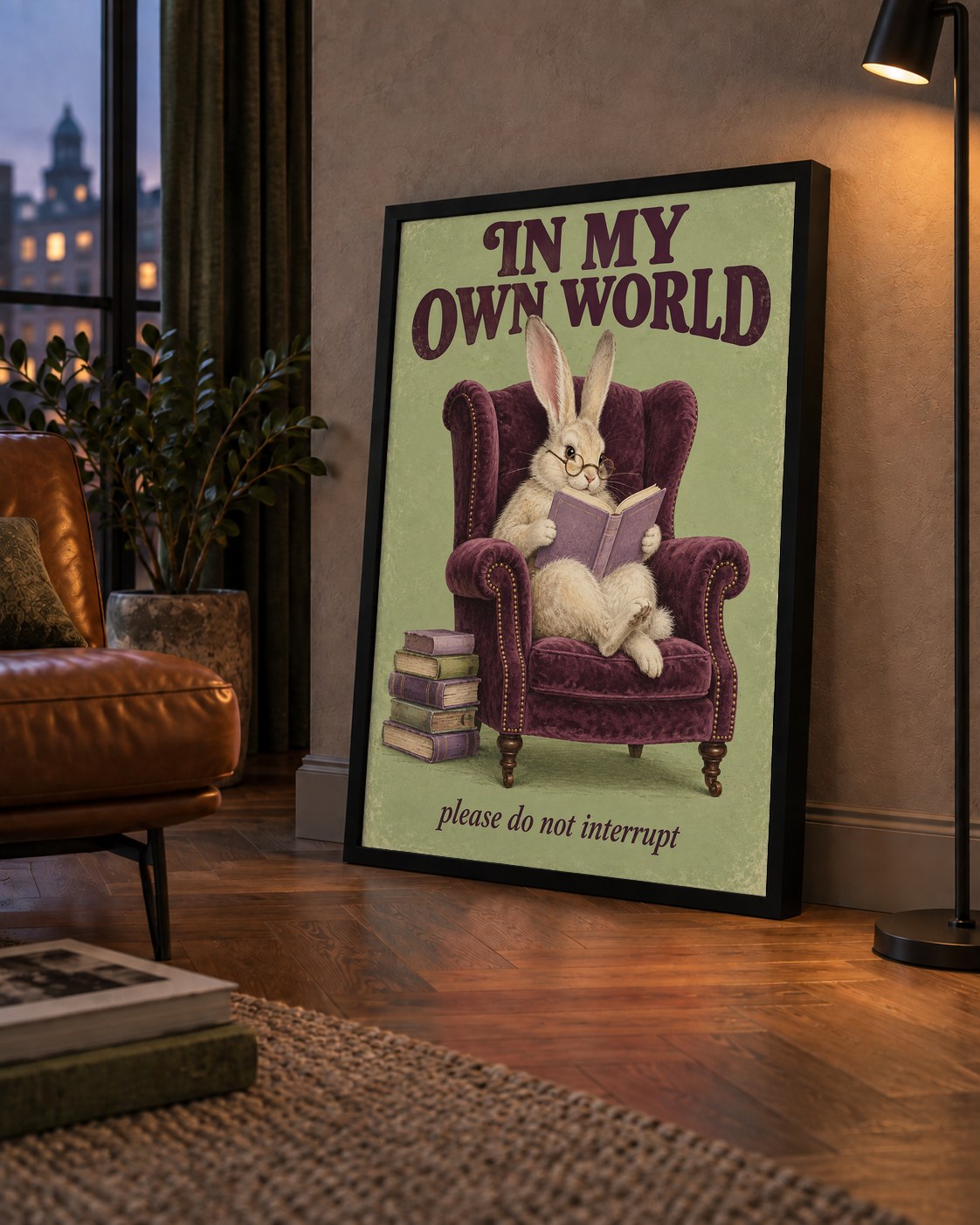 Kitap Okuyan Tavşan Poster – Nostaljik İllüstrasyon Duvar Sanatı — çerçeveli hâliyle bir ev duvarında