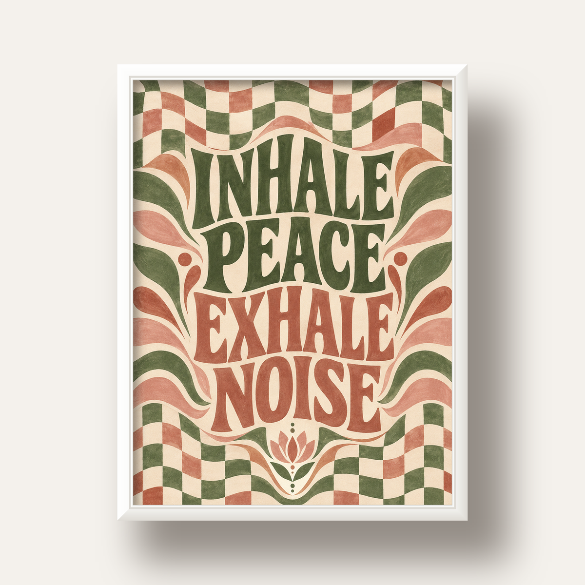 Inhale Peace, Exhale Noise Retro Damalı Yoga Poster — beyaz derin çerçeveli