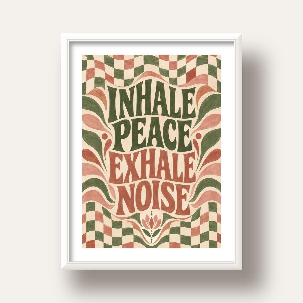 Inhale Peace, Exhale Noise Retro Damalı Yoga Poster — beyaz derin çerçeveli paspartulu