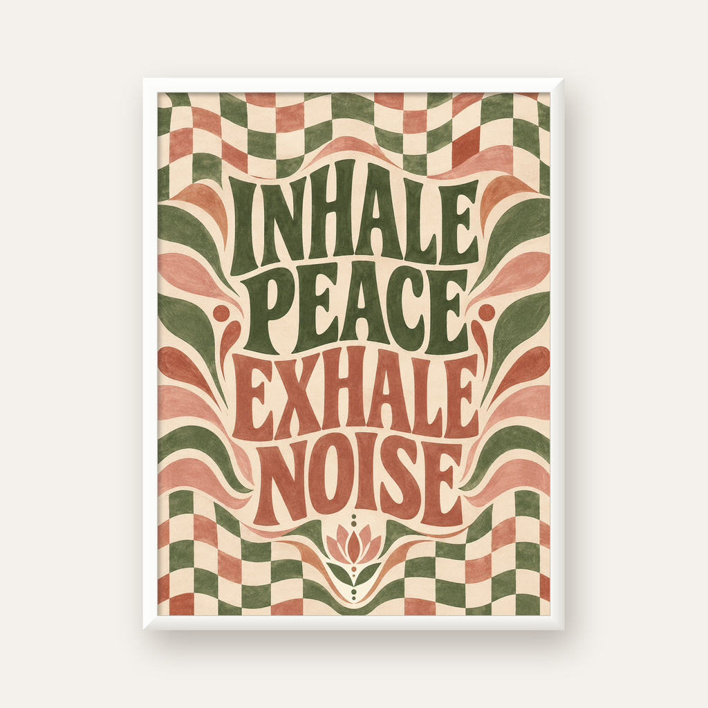 Inhale Peace, Exhale Noise Retro Damalı Yoga Poster — beyaz çerçeveli dikey poster