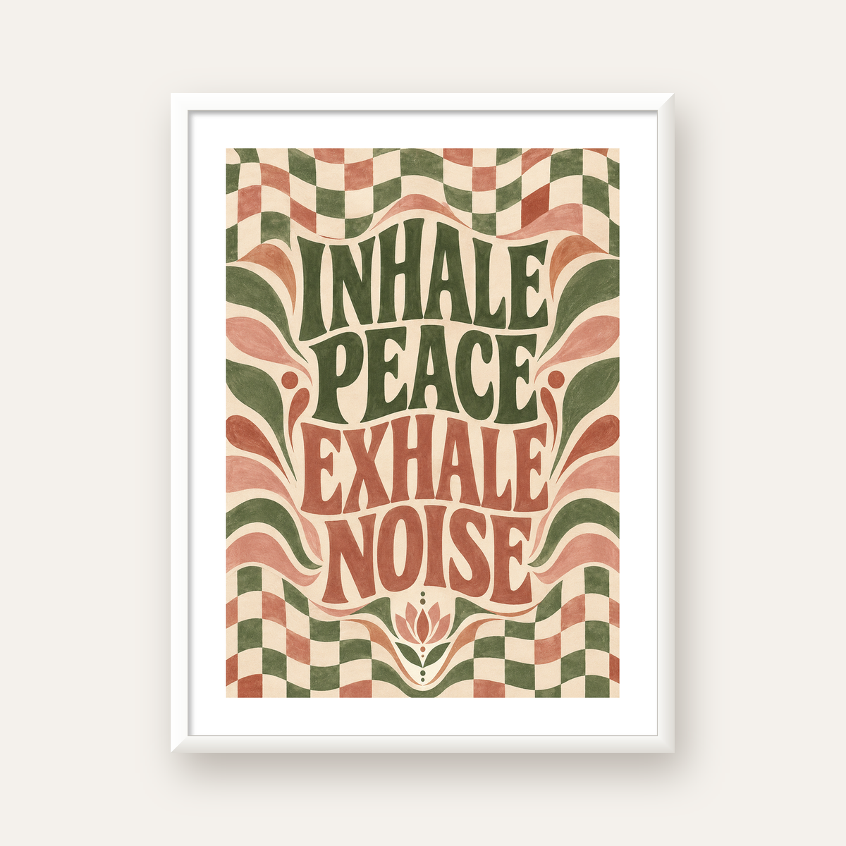 Inhale Peace, Exhale Noise Retro Damalı Yoga Poster — beyaz çerçeveli dikey poster