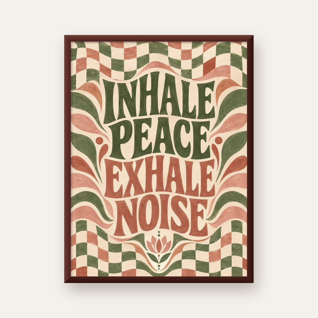 Inhale Peace, Exhale Noise Retro Damalı Yoga Poster — ceviz çerçeveli