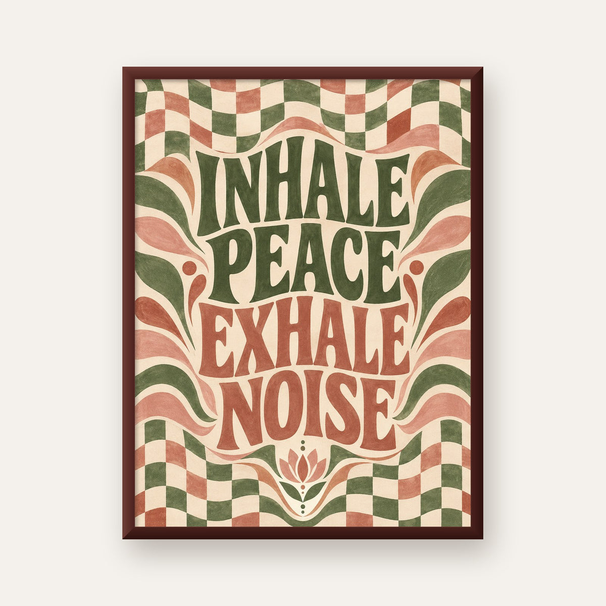 Inhale Peace, Exhale Noise Retro Damalı Yoga Poster — ceviz çerçeveli
