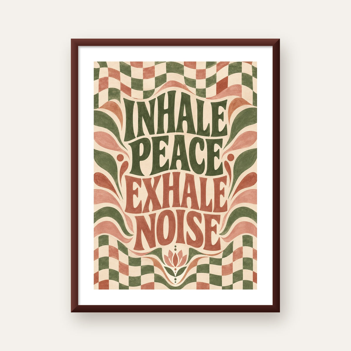 Inhale Peace, Exhale Noise Retro Damalı Yoga Poster — ceviz çerçeveli paspartulu