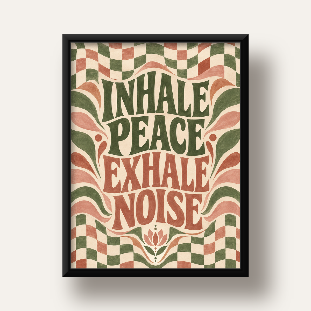 Inhale Peace, Exhale Noise Retro Damalı Yoga Poster — siyah derin çerçeveli