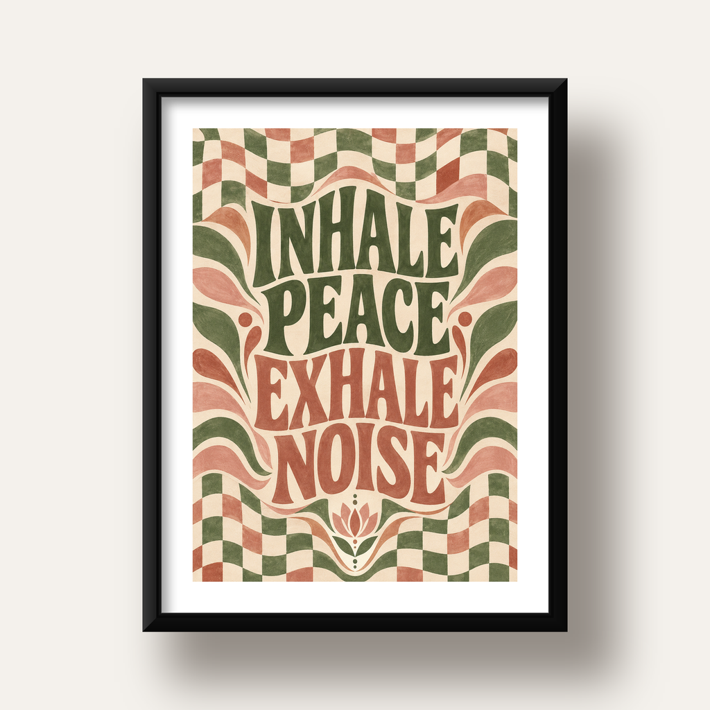 Inhale Peace, Exhale Noise Retro Damalı Yoga Poster — siyah derin çerçeveli paspartulu
