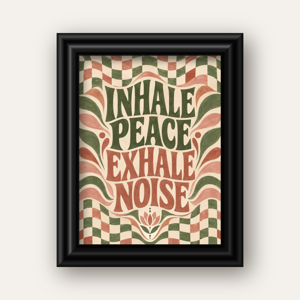 Inhale Peace, Exhale Noise Retro Damalı Yoga Poster — siyah galeri çerçeveli