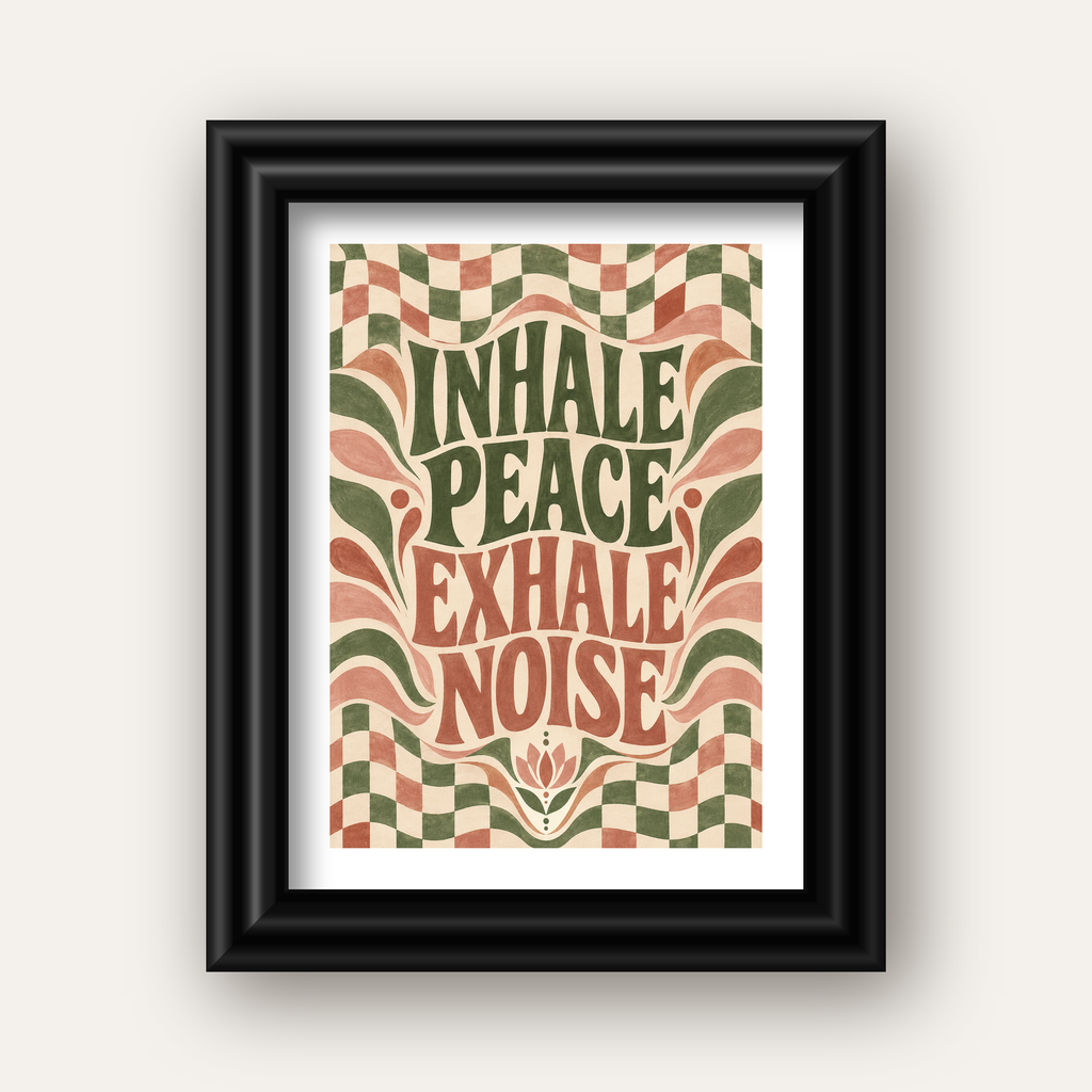 Inhale Peace, Exhale Noise Retro Damalı Yoga Poster — siyah galeri çerçeveli paspartulu