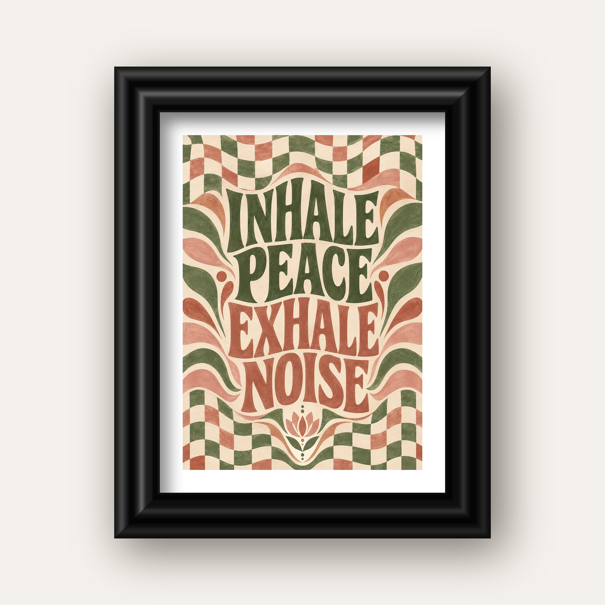 Inhale Peace, Exhale Noise Retro Damalı Yoga Poster — siyah galeri çerçeveli paspartulu