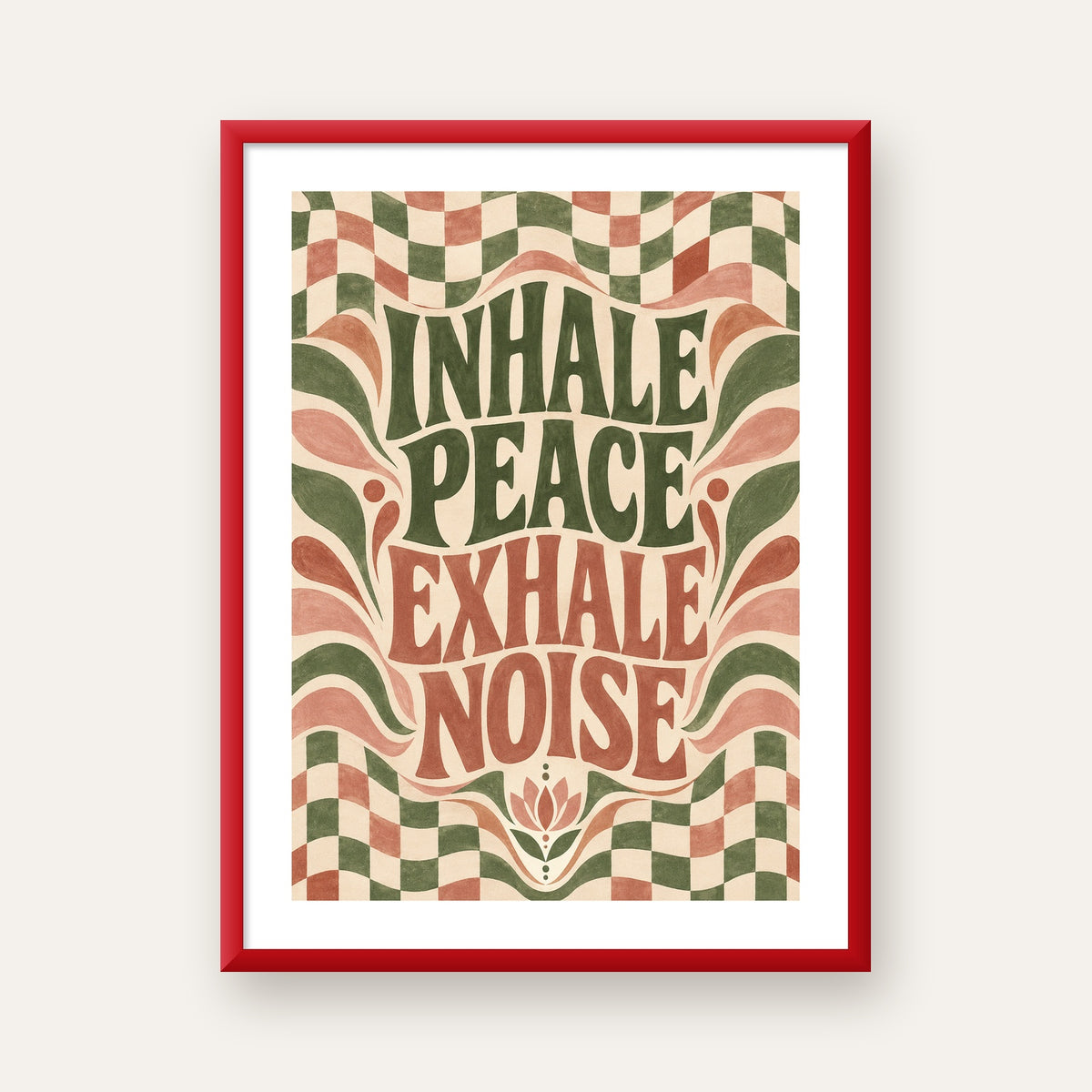 Inhale Peace, Exhale Noise Retro Damalı Yoga Poster — kırmızı çerçeveli paspartulu